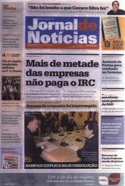 Front page of Jornal de Notícias